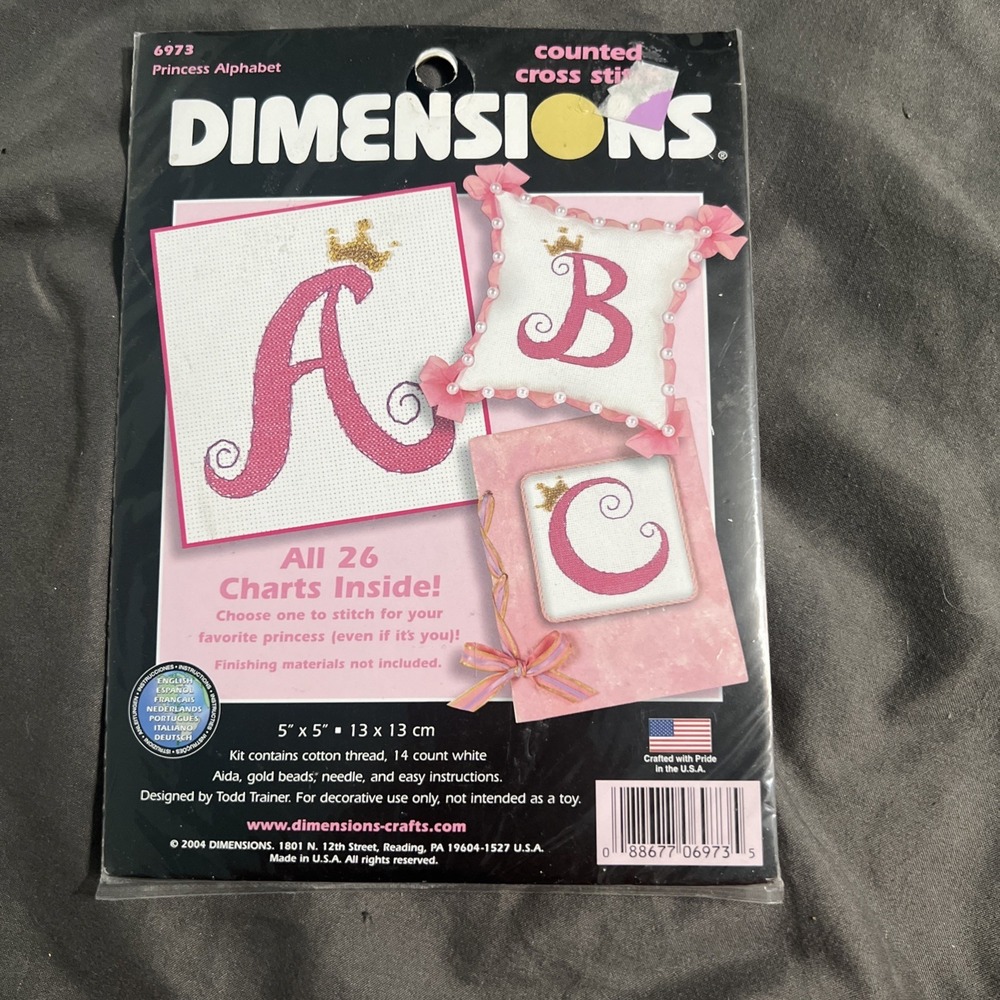 VTG Dimensions Princess Alphabet Monogram Counted Cross Stitch Kit 2004 #6973